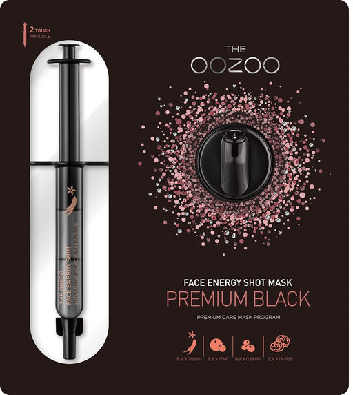 The Oozoo Face Energy Shot Mask Premium Black, mascarilla facial coreana con jeringa activadora para revitalizar, purificar e iluminar las pieles cansadas y apagadas. Oozoo - frontal