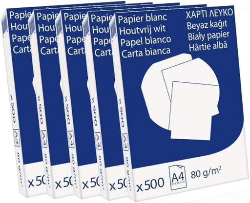 Caja de 2500 Hojas de Papel A4 Blanco de 80gr. Un pack de 5 paquetes de 500 folios, ideal para un alto volumen de impresión en oficinas y compatible con todas las impresoras. Outletdelocio.. - frontal