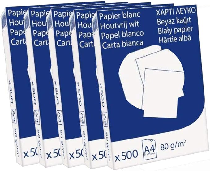 Caja de 2500 Hojas de Papel A4 Blanco de 80gr. Un pack de 5 paquetes de 500 folios, ideal para un alto volumen de impresión en oficinas y compatible con todas las impresoras. Outletdelocio.. - frontal