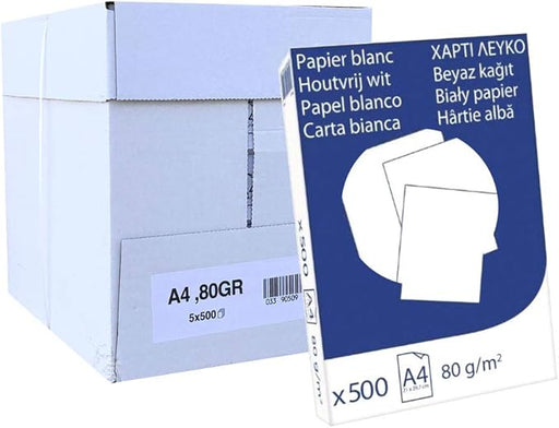 Caja de 2500 Hojas de Papel A4 Blanco de 80gr. Un pack de 5 paquetes de 500 folios, ideal para un alto volumen de impresión en oficinas y compatible con todas las impresoras. Outletdelocio.. - pack