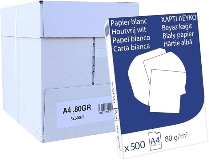 Caja de 2500 Hojas de Papel A4 Blanco de 80gr. Un pack de 5 paquetes de 500 folios, ideal para un alto volumen de impresión en oficinas y compatible con todas las impresoras. Outletdelocio.. - pack