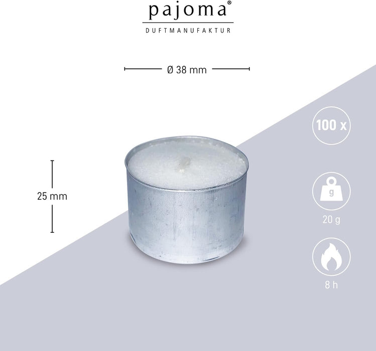 Pajoma Pack de 100 Velas de Té de Larga Duración (8 Horas): Velas blancas sin perfume ideales para hostelería, eventos, decoración del hogar y crear ambientes cálidos. Pajoma - detalle