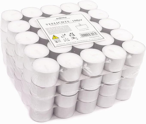 Pajoma Pack de 100 Velas de Té de Larga Duración (8 Horas): Velas blancas sin perfume ideales para hostelería, eventos, decoración del hogar y crear ambientes cálidos. Pajoma - frontal