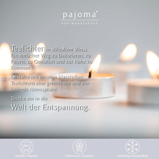 Pajoma Pack de 100 Velas de Té de Larga Duración (8 Horas): Velas blancas sin perfume ideales para hostelería, eventos, decoración del hogar y crear ambientes cálidos. Pajoma - pack