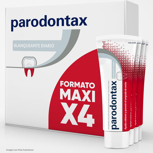 Parodontax Blanqueante Diario, pack de 4x75 ml. Pasta dental para el cuidado de encías sensibles, previene el sangrado y blanquea el esmalte dental de forma eficaz. Parodontax - frontal