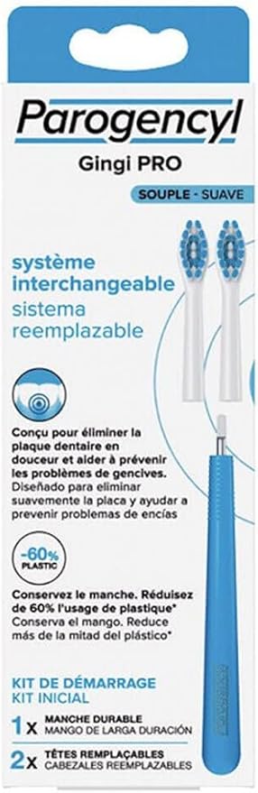 Kit de Inicio de Cepillo de Dientes Parogencyl Gingi PRO Suave. Un cepillo con sistema de cabezales reemplazables que incluye 1 mango y 2 recambios para el cuidado de las encías. Parogencyl - frontal