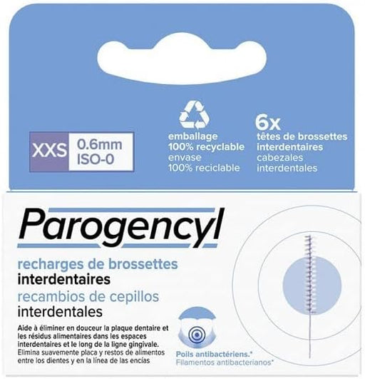 Pack de 6 Recambios de Cepillos Interdentales Parogencyl Talla XXS (0.6mm / ISO-0). Los repuestos más finos, diseñados para la limpieza de espacios interdentales muy estrechos. Parogencyl - frontal
