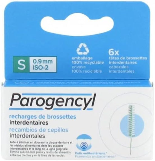 Recambios de Cepillos Interdentales Parogencyl Talla S (0.9mm / ISO-2). Un pack de repuestos para el mango interdental, diseñados para limpiar espacios interdentales medios. Parogencyl - frontal