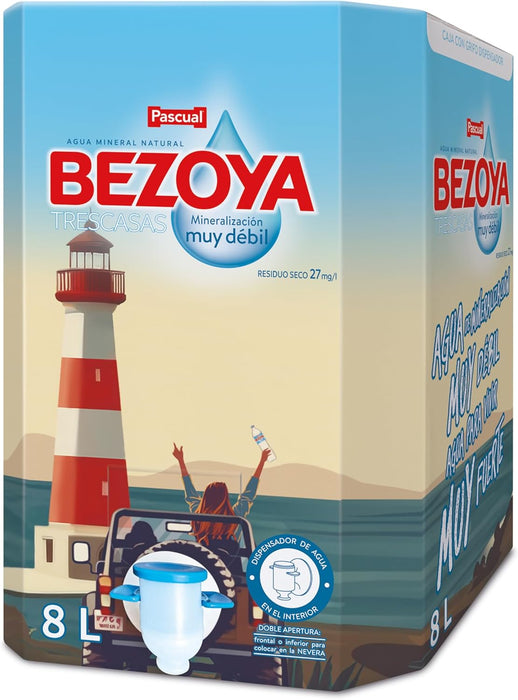 Bezoya Agua Mineral Natural de Mineralización muy Débil, Formato Ahorro 8L con Grifo. La opción más cómoda y sostenible para la hidratación diaria de toda la familia. Pascual - lateral