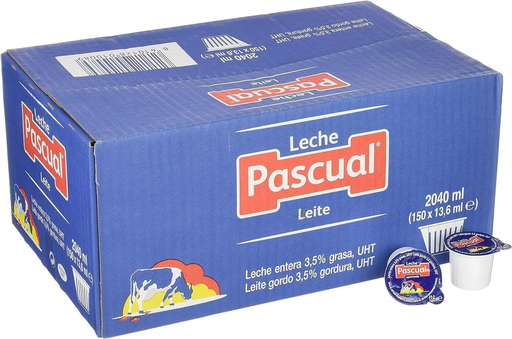 Leche Entera Pascual en monodosis, caja con 150 tarrinas de 14 ml. Calidad Pascual en un formato práctico que no necesita frío, ideal para café, té y hostelería. Pascual - extra