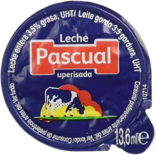 Leche Entera Pascual en monodosis, caja con 150 tarrinas de 14 ml. Calidad Pascual en un formato práctico que no necesita frío, ideal para café, té y hostelería. Pascual - frontal
