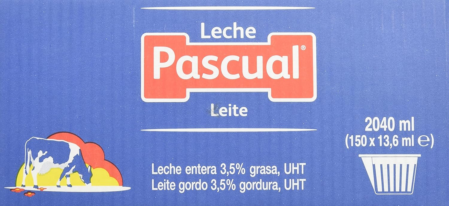 Leche Entera Pascual en monodosis, caja con 150 tarrinas de 14 ml. Calidad Pascual en un formato práctico que no necesita frío, ideal para café, té y hostelería. Pascual - ingredientes