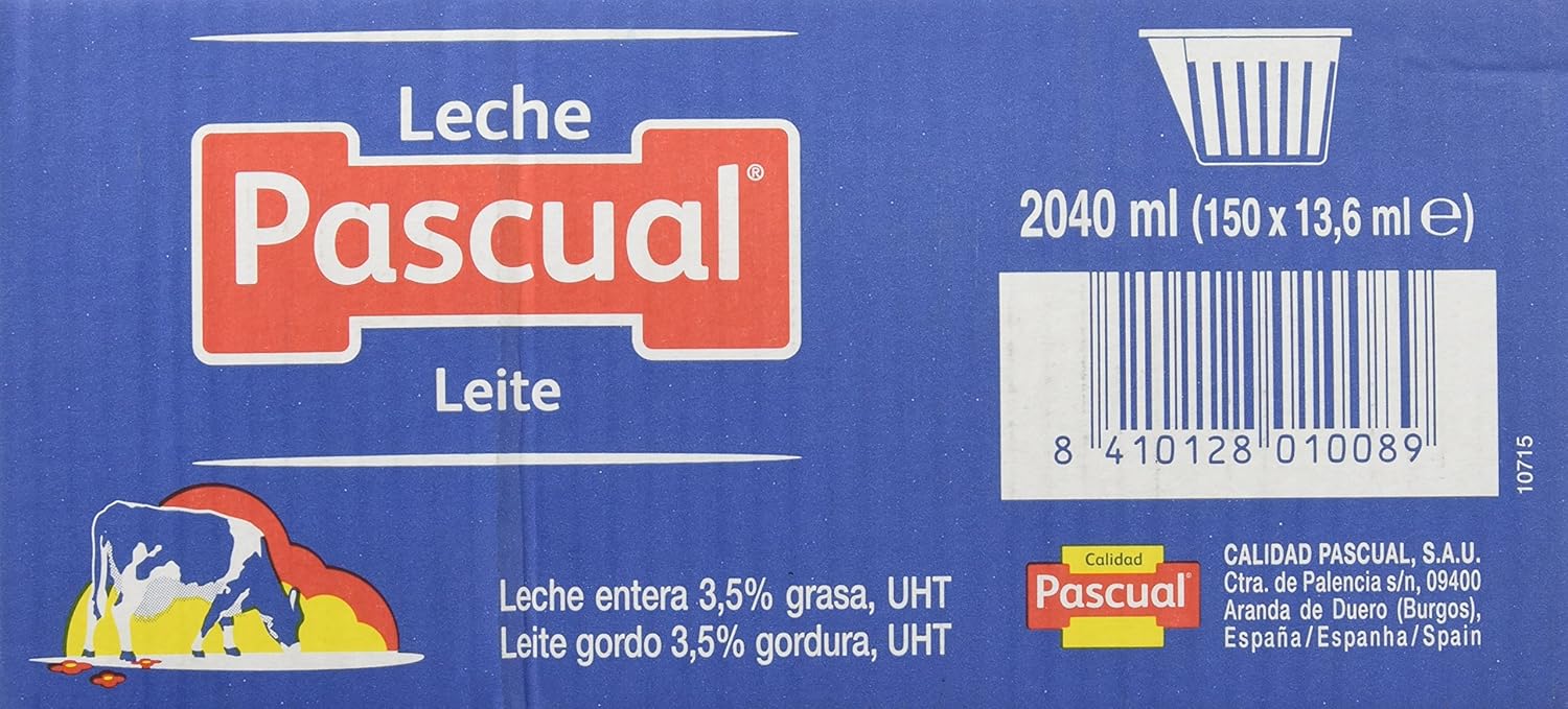 Leche Entera Pascual en monodosis, caja con 150 tarrinas de 14 ml. Calidad Pascual en un formato práctico que no necesita frío, ideal para café, té y hostelería. Pascual - lateral