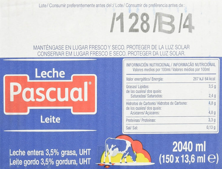 Leche Entera Pascual en monodosis, caja con 150 tarrinas de 14 ml. Calidad Pascual en un formato práctico que no necesita frío, ideal para café, té y hostelería. Pascual - uso