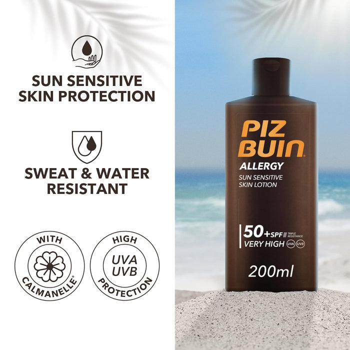 Piz Buin Allergy Loción Solar para Piel Sensible FPS 50+ (200 ml): Protección muy alta UVA/UVB, resistente al agua y testada por dermatólogos para tu piel. Piz Buin - extra