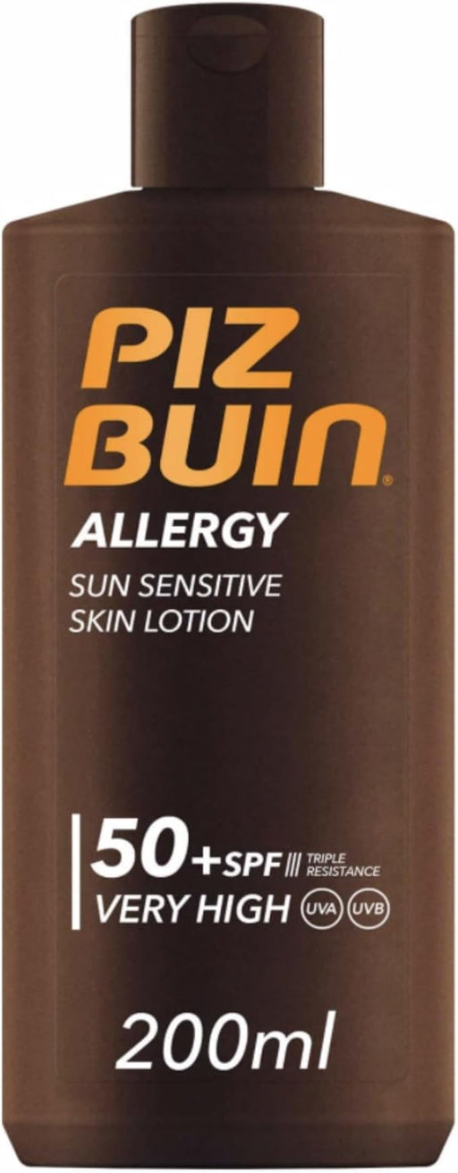 Piz Buin Allergy Loción Solar para Piel Sensible FPS 50+ (200 ml): Protección muy alta UVA/UVB, resistente al agua y testada por dermatólogos para tu piel. Piz Buin - frontal