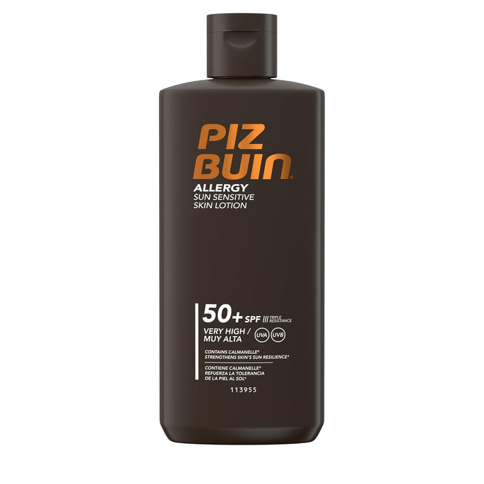 Piz Buin Allergy Loción Solar para Piel Sensible FPS 50+ (200 ml): Protección muy alta UVA/UVB, resistente al agua y testada por dermatólogos para tu piel. Piz Buin - presentacion