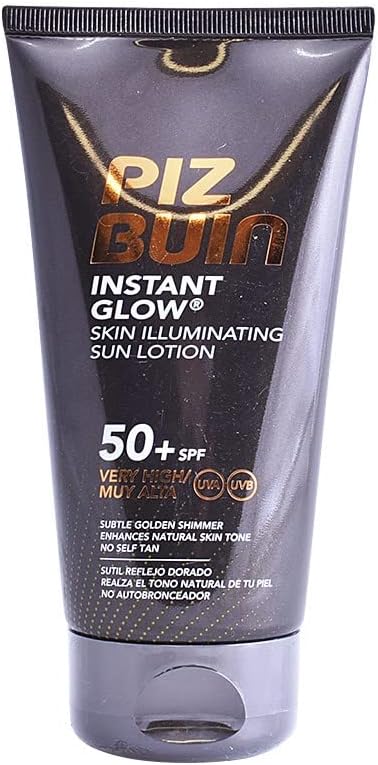 Piz Buin Instant Glow Loción Solar Iluminadora FPS 50+ (150 ml): Muy alta protección UVA/UVB con un sutil efecto de brillo dorado para una piel radiante. Piz Buin - frontal