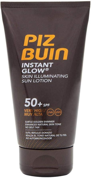 Piz Buin Instant Glow Loción Solar Iluminadora FPS 50+ (150 ml): Muy alta protección UVA/UVB con un sutil efecto de brillo dorado para una piel radiante. Piz Buin - pack