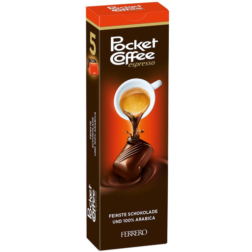 Ferrero Pocket Coffee, caja con 60 bombones en 12 paquetes de 5. El original espresso italiano recubierto de chocolate amargo, tu café de bolsillo para cualquier momento del día. Pocket Coffee - pack