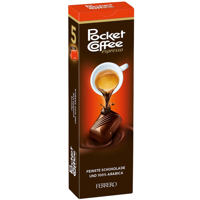 Ferrero Pocket Coffee, caja con 60 bombones en 12 paquetes de 5. El original espresso italiano recubierto de chocolate amargo, tu café de bolsillo para cualquier momento del día. Pocket Coffee - pack