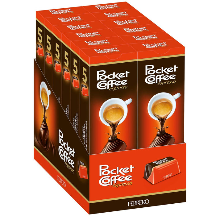 Ferrero Pocket Coffee, caja con 60 bombones en 12 paquetes de 5. El original espresso italiano recubierto de chocolate amargo, tu café de bolsillo para cualquier momento del día. Pocket Coffee - frontal