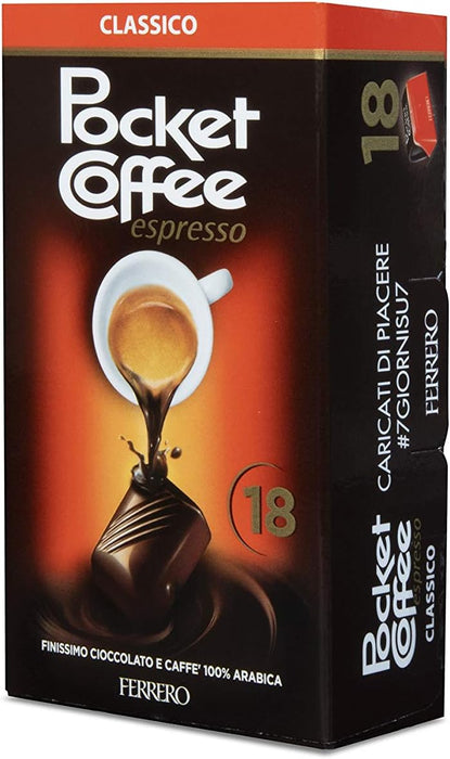 Ferrero Pocket Coffee Espresso, caja de 18 unidades (225g). El auténtico momento italiano para llevar, bombones de chocolate con un corazón de café Arábica líquido. Pocket Coffee - detalle