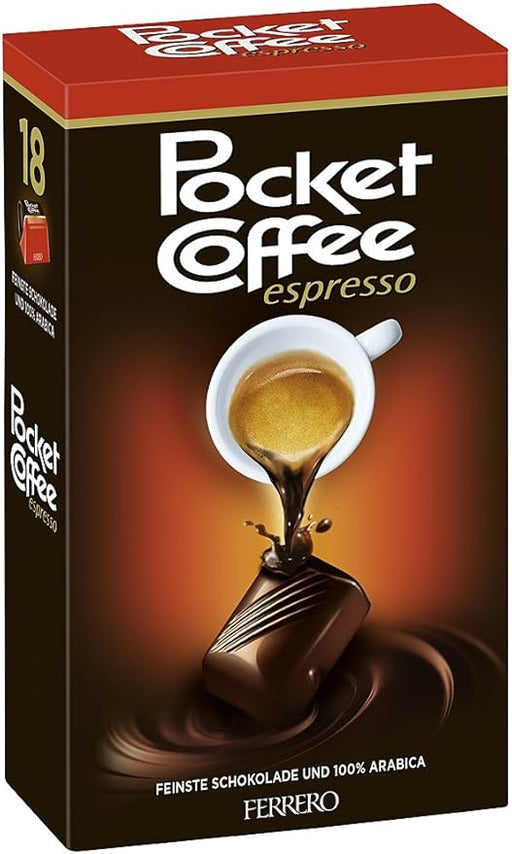 Ferrero Pocket Coffee Espresso, caja de 18 unidades (225g). El auténtico momento italiano para llevar, bombones de chocolate con un corazón de café Arábica líquido. Pocket Coffee - frontal