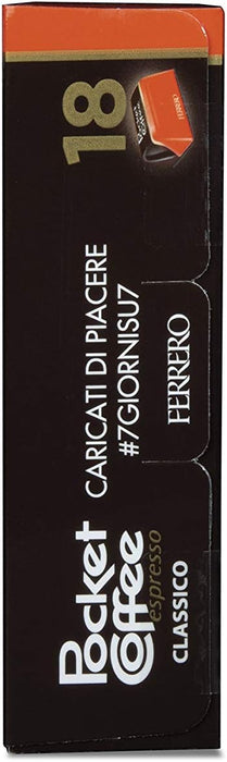 Ferrero Pocket Coffee Espresso, caja de 18 unidades (225g). El auténtico momento italiano para llevar, bombones de chocolate con un corazón de café Arábica líquido. Pocket Coffee - ingredientes