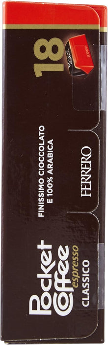 Ferrero Pocket Coffee Espresso, caja de 18 unidades (225g). El auténtico momento italiano para llevar, bombones de chocolate con un corazón de café Arábica líquido. Pocket Coffee - lateral