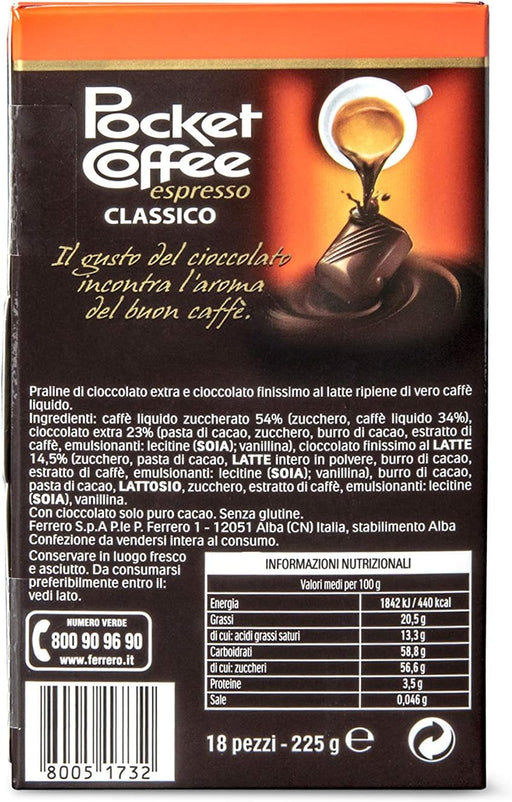 Ferrero Pocket Coffee Espresso, caja de 18 unidades (225g). El auténtico momento italiano para llevar, bombones de chocolate con un corazón de café Arábica líquido. Pocket Coffee - pack