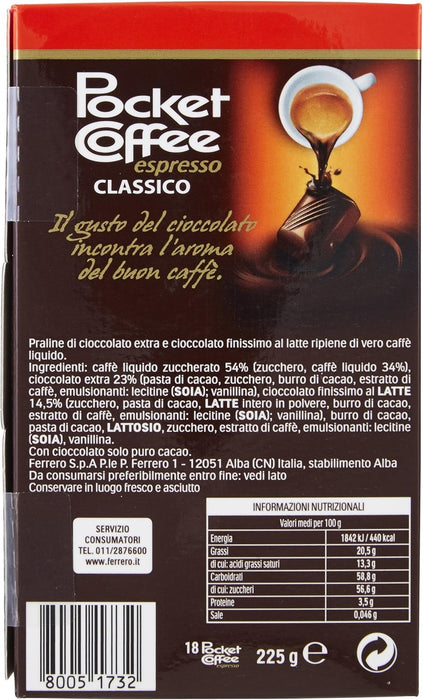 Ferrero Pocket Coffee Espresso, caja de 18 unidades (225g). El auténtico momento italiano para llevar, bombones de chocolate con un corazón de café Arábica líquido. Pocket Coffee - uso