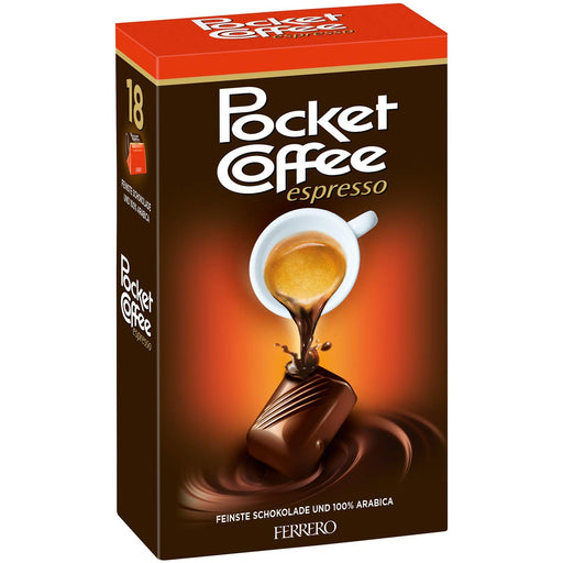 Ferrero Pocket Coffee, pack ahorro de 6 cajas de 18 bombones (6x225g). El praliné de chocolate y café espresso líquido ideal para tener siempre a mano o para grandes eventos. Pocket Coffee - pack