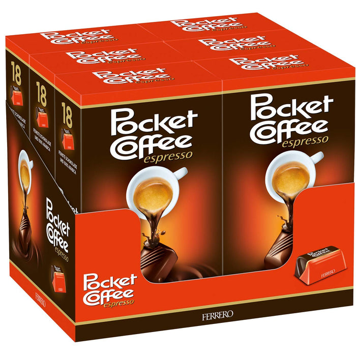 Ferrero Pocket Coffee, pack ahorro de 6 cajas de 18 bombones (6x225g). El praliné de chocolate y café espresso líquido ideal para tener siempre a mano o para grandes eventos. Pocket Coffee - frontal