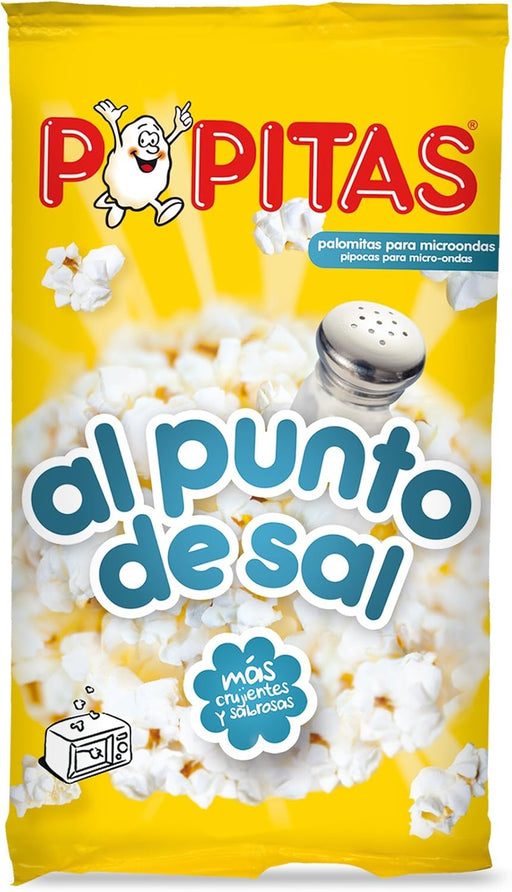 Popitas Palomitas Saladas para Microondas, pack de 8 bolsas de 100g. El snack perfecto para tus sesiones de cine en casa, listas en 3 minutos con el punto justo de sal. Popitas - frontal