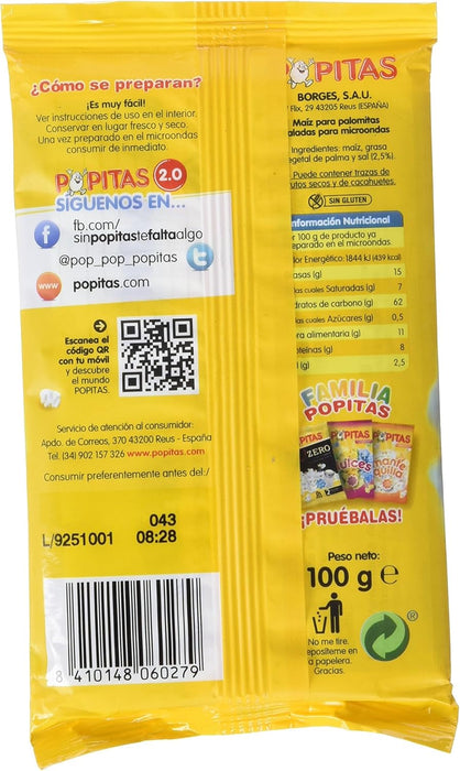 Popitas Palomitas Saladas para Microondas, pack de 8 bolsas de 100g. El snack perfecto para tus sesiones de cine en casa, listas en 3 minutos con el punto justo de sal. Popitas - pack