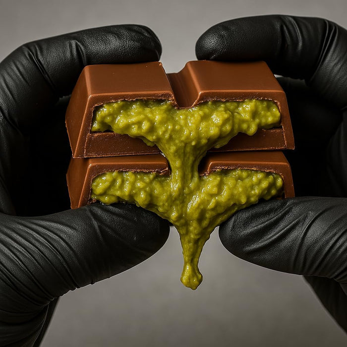 32 Delicias de Chocolate Dubai Gourmet, 500g. Bombones de lujo con pistacho y kadayif crujiente, presentados en una elegante caja de regalo con letras doradas. Premium Moments - detalle