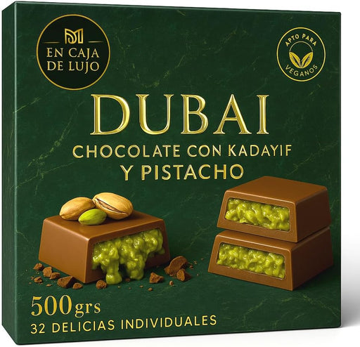 32 Delicias de Chocolate Dubai Gourmet, 500g. Bombones de lujo con pistacho y kadayif crujiente, presentados en una elegante caja de regalo con letras doradas. Premium Moments - frontal