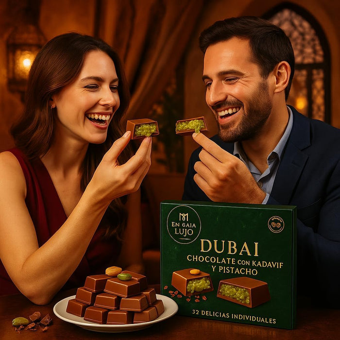 32 Delicias de Chocolate Dubai Gourmet, 500g. Bombones de lujo con pistacho y kadayif crujiente, presentados en una elegante caja de regalo con letras doradas. Premium Moments - lateral