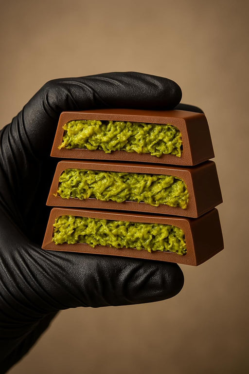 32 Delicias de Chocolate Dubai Gourmet, 500g. Bombones de lujo con pistacho y kadayif crujiente, presentados en una elegante caja de regalo con letras doradas. Premium Moments - pack