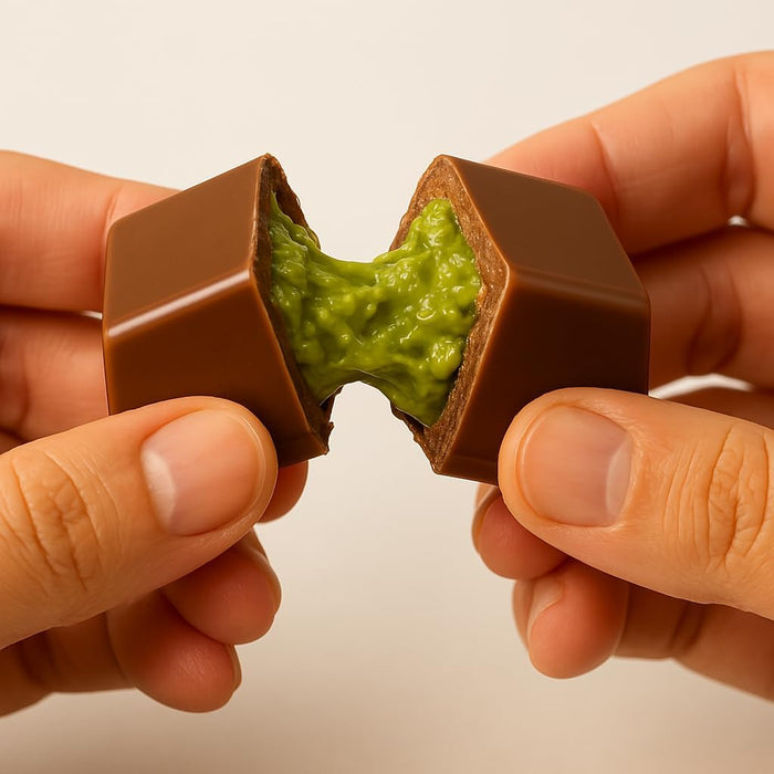 32 Delicias de Chocolate Dubai Gourmet, 500g. Bombones de lujo con pistacho y kadayif crujiente, presentados en una elegante caja de regalo con letras doradas. Premium Moments - presentacion