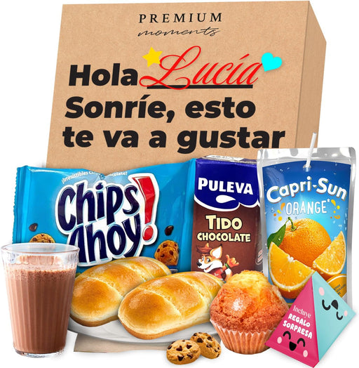Desayuno Sorpresa a Domicilio "Caja Sonrisas" de Premium Moments. Un regalo original y personalizable con bollitos, zumo, batido y un amuleto sorpresa coleccionable. Premium Moments - frontal