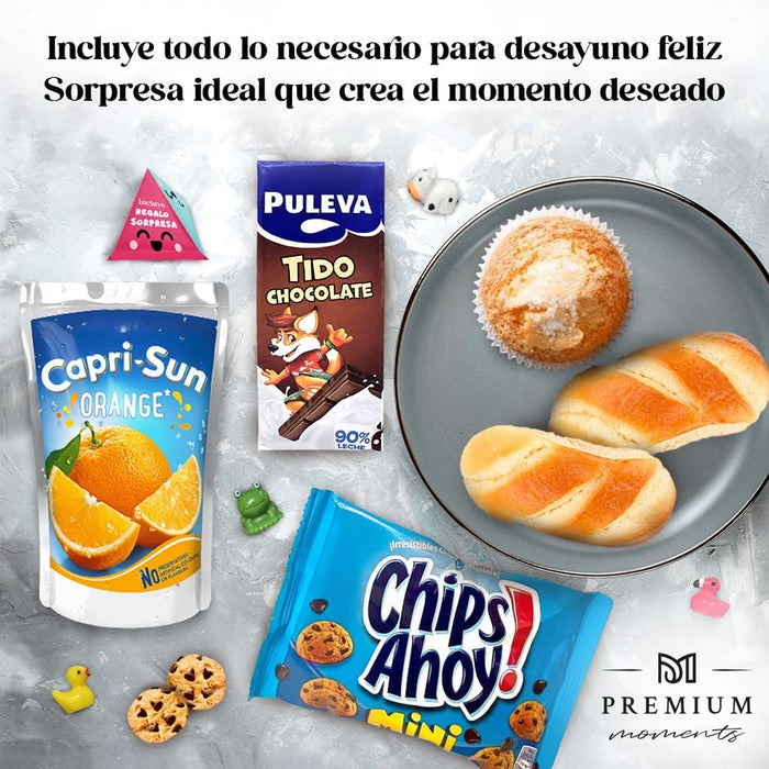 Desayuno Sorpresa a Domicilio "Caja Sonrisas" de Premium Moments. Un regalo original y personalizable con bollitos, zumo, batido y un amuleto sorpresa coleccionable. Premium Moments - ingredientes