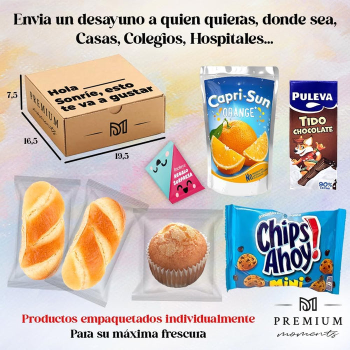 Desayuno Sorpresa a Domicilio "Caja Sonrisas" de Premium Moments. Un regalo original y personalizable con bollitos, zumo, batido y un amuleto sorpresa coleccionable. Premium Moments - lateral