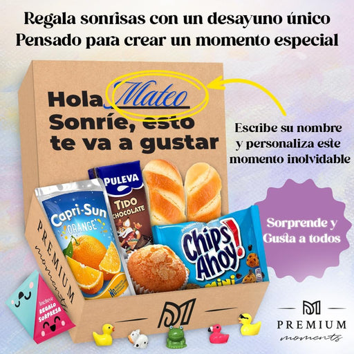Desayuno Sorpresa a Domicilio "Caja Sonrisas" de Premium Moments. Un regalo original y personalizable con bollitos, zumo, batido y un amuleto sorpresa coleccionable. Premium Moments - pack