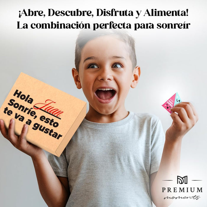 Desayuno Sorpresa a Domicilio "Caja Sonrisas" de Premium Moments. Un regalo original y personalizable con bollitos, zumo, batido y un amuleto sorpresa coleccionable. Premium Moments - presentacion