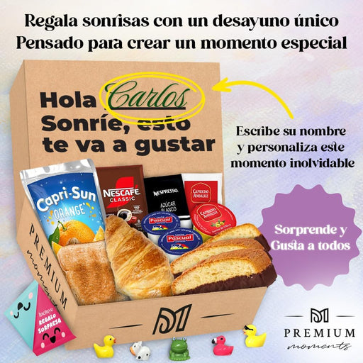 Premium Moments Desayuno Sorpresa a Domicilio Mediterráneo. Una caja regalo personalizable con croissant, tostadas, zumo y café, ideal para cumpleaños y ocasiones especiales. Premium Moments - pack