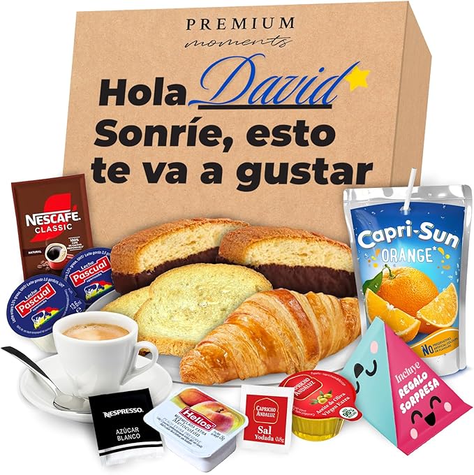 Premium Moments Desayuno Sorpresa a Domicilio Mediterráneo. Una caja regalo personalizable con croissant, tostadas, zumo y café, ideal para cumpleaños y ocasiones especiales. Premium Moments - frontal
