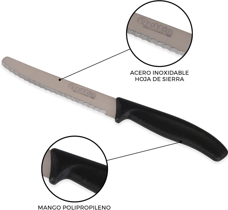 Quttin Basic Set de 6 Cuchillos de Mesa con hoja de sierra de 11cm. Un juego de cuchillos para el uso diario, resistentes y duraderos, con un práctico mango de color negro. Quttin - detalle