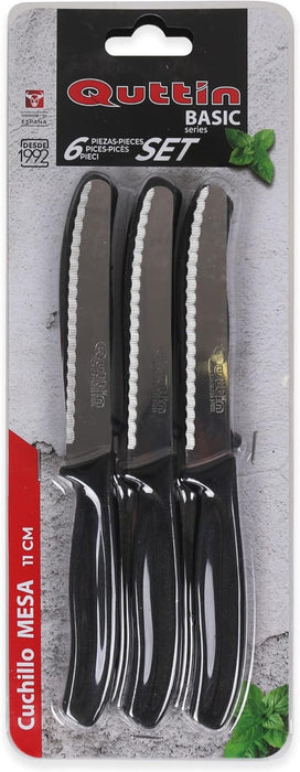 Quttin Basic Set de 6 Cuchillos de Mesa con hoja de sierra de 11cm. Un juego de cuchillos para el uso diario, resistentes y duraderos, con un práctico mango de color negro. Quttin - ingredientes